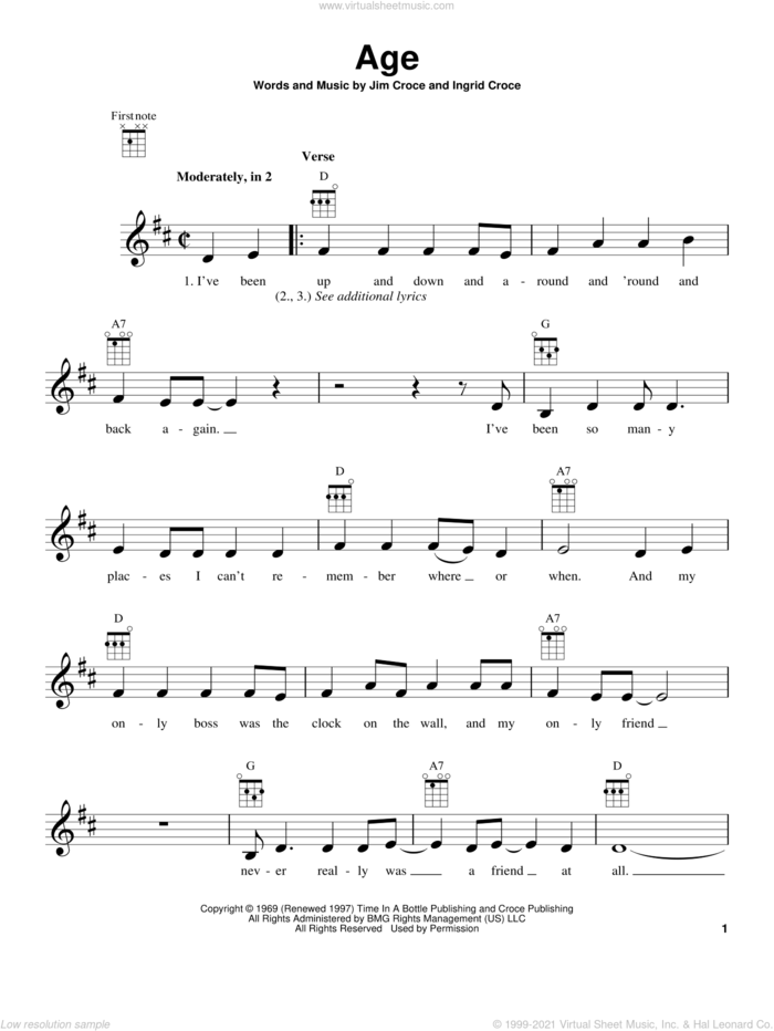 Age sheet music for ukulele by Jim Croce and Ingrid Croce, intermediate skill level