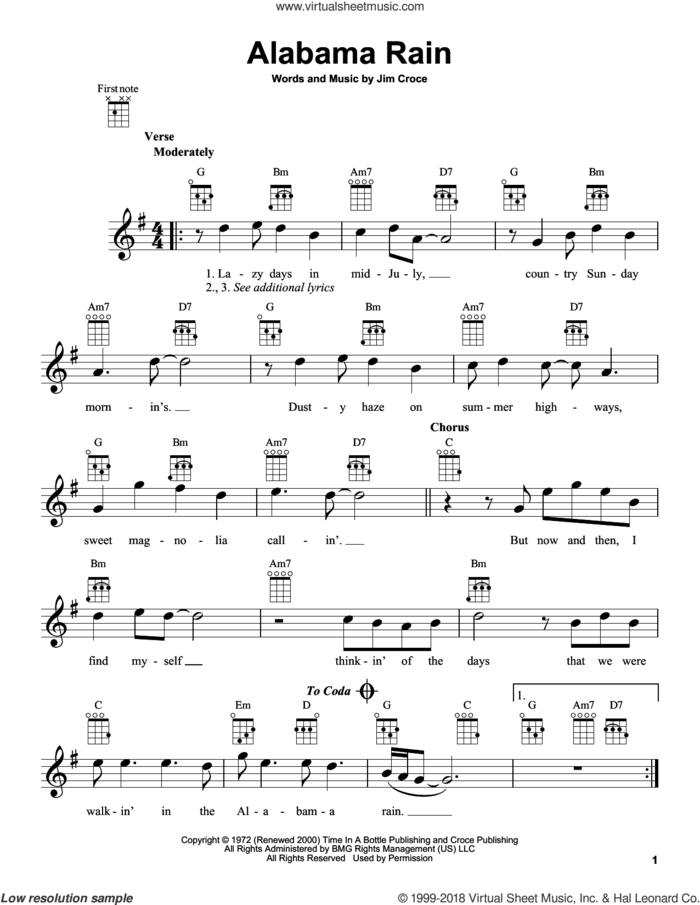 Alabama Rain sheet music for ukulele by Jim Croce, intermediate skill level