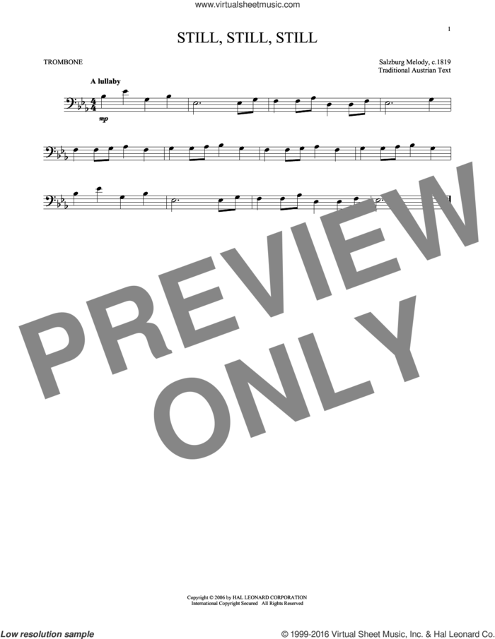 Still, Still, Still sheet music for trombone solo by Salzburg Melody c.1819 and Miscellaneous, intermediate skill level