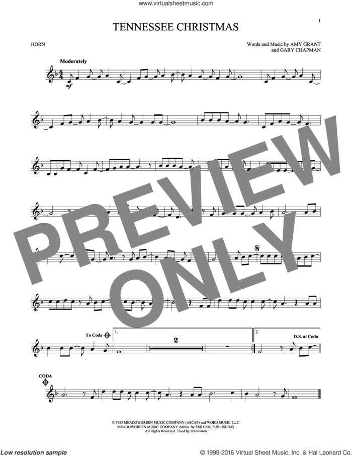 Tennessee Christmas sheet music for horn solo by Amy Grant and Gary Chapman, intermediate skill level