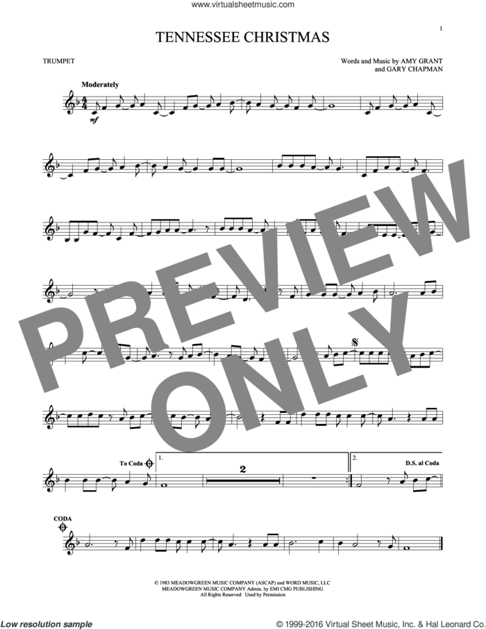 Tennessee Christmas sheet music for trumpet solo by Amy Grant and Gary Chapman, intermediate skill level