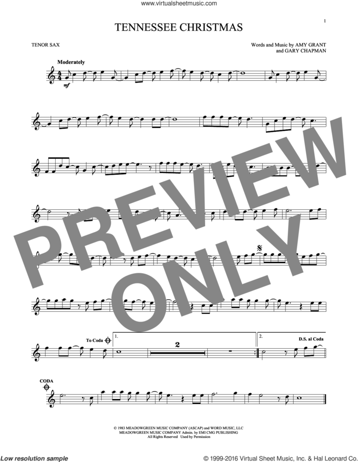 Tennessee Christmas sheet music for tenor saxophone solo by Amy Grant and Gary Chapman, intermediate skill level