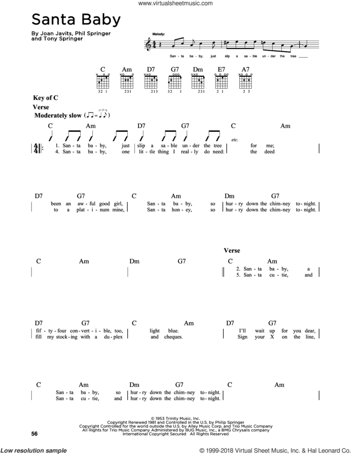 Santa Baby sheet music for guitar solo (lead sheet) by Eartha Kitt, Kellie Pickler, Miscellaneous, Taylor Swift, Joan Javits, Phil Springer and Tony Springer, intermediate guitar (lead sheet)