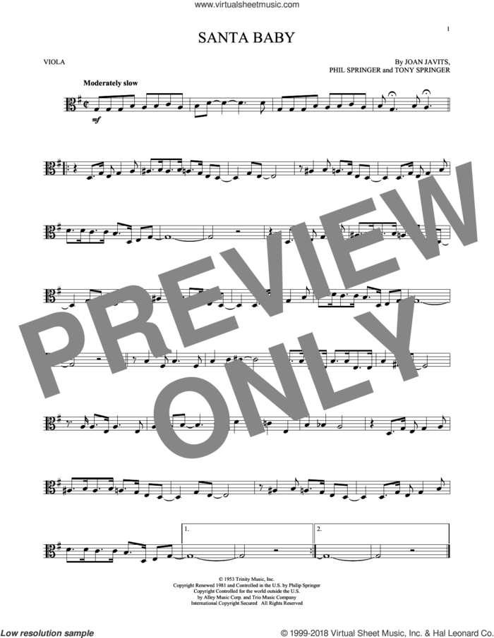 Santa Baby sheet music for viola solo by Eartha Kitt, Kellie Pickler, Taylor Swift, Joan Javits, Phil Springer and Tony Springer, intermediate skill level