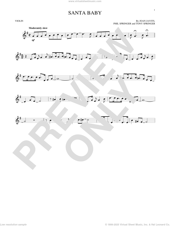 Santa Baby sheet music for violin solo by Eartha Kitt, Kellie Pickler, Taylor Swift, Joan Javits, Phil Springer and Tony Springer, intermediate skill level