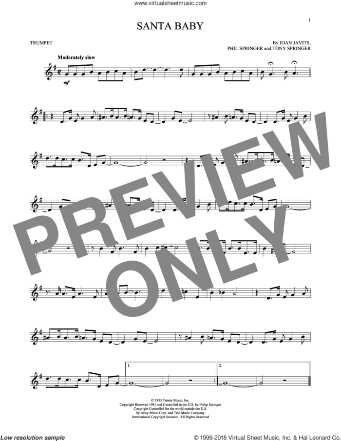 Santa Baby sheet music for trumpet solo by Eartha Kitt, Kellie Pickler, Taylor Swift, Joan Javits, Phil Springer and Tony Springer, intermediate skill level