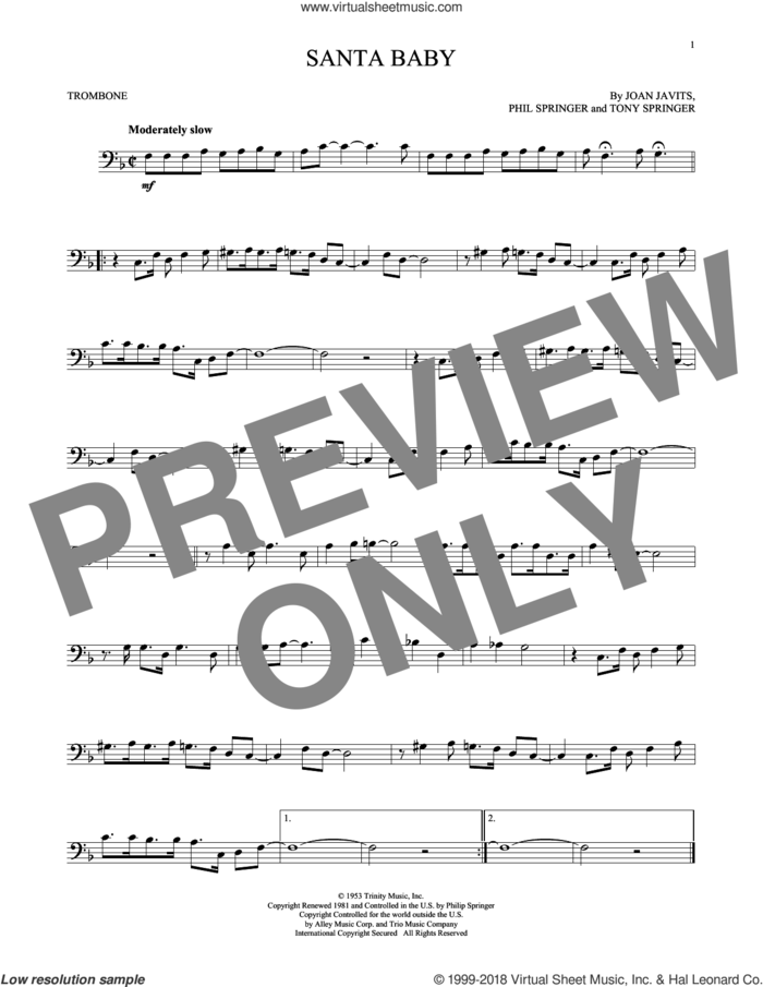Santa Baby sheet music for trombone solo by Eartha Kitt, Kellie Pickler, Taylor Swift, Joan Javits, Phil Springer and Tony Springer, intermediate skill level