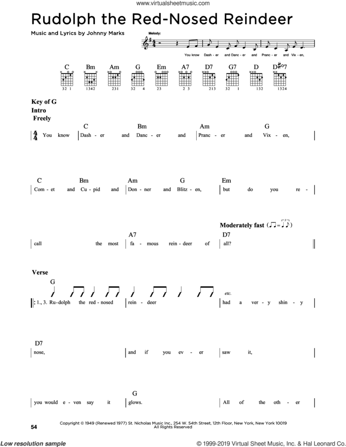 Rudolph The Red-Nosed Reindeer, (intermediate) sheet music for guitar solo (lead sheet) by Johnny Marks and John Denver, intermediate guitar (lead sheet)
