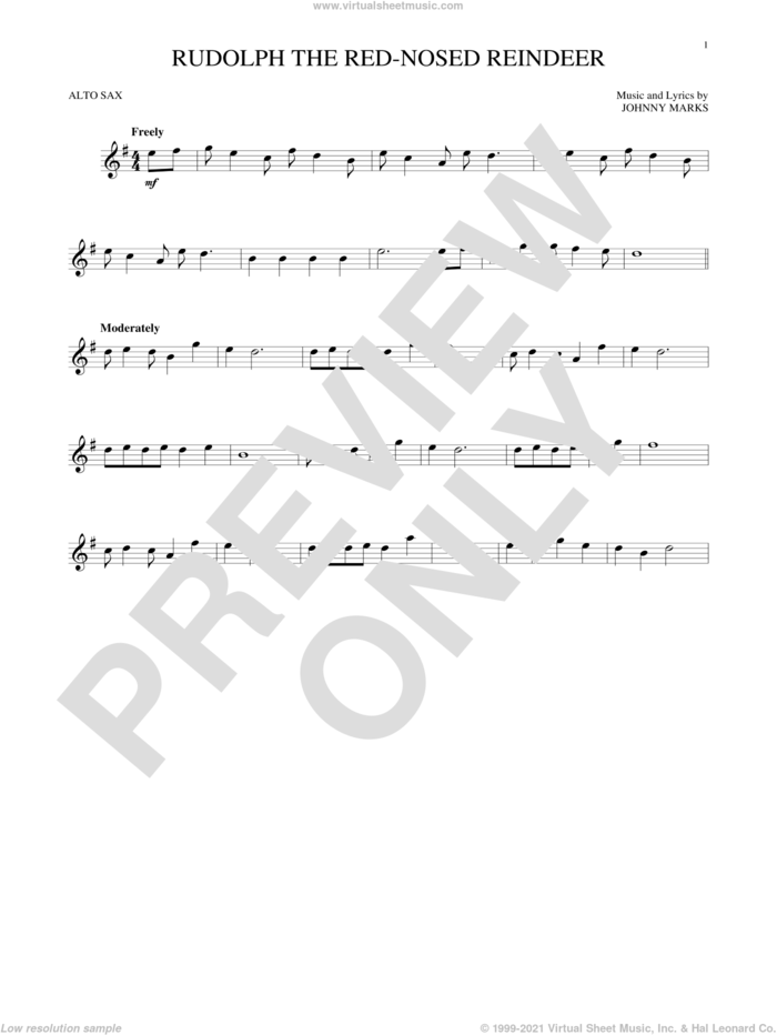 Rudolph The Red-Nosed Reindeer sheet music for alto saxophone solo by Johnny Marks and John Denver, intermediate skill level