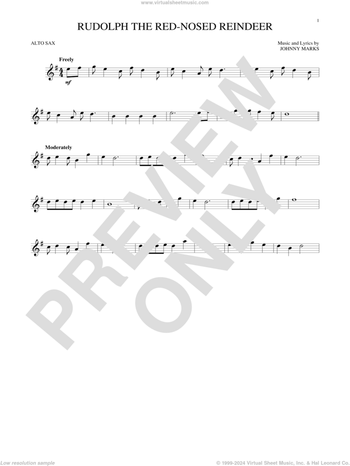 Rudolph The Red-Nosed Reindeer sheet music for alto saxophone solo by Johnny Marks and John Denver, intermediate skill level