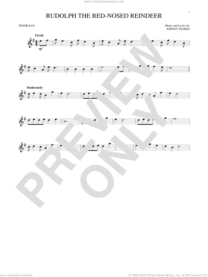 Rudolph The Red-Nosed Reindeer sheet music for tenor saxophone solo by Johnny Marks and John Denver, intermediate skill level