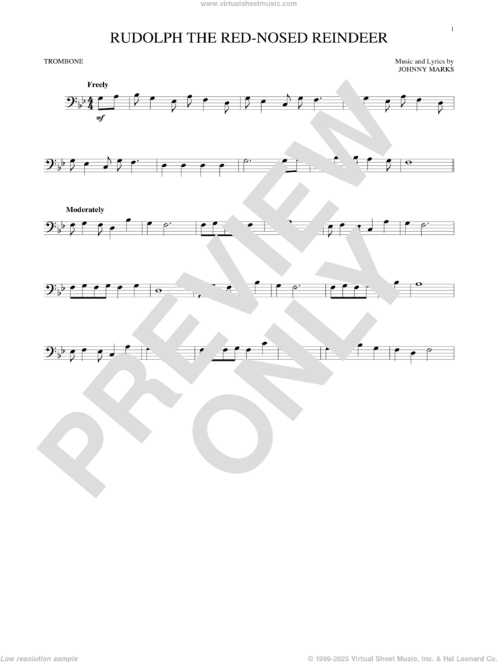 Rudolph The Red-Nosed Reindeer sheet music for trombone solo by Johnny Marks and John Denver, intermediate skill level