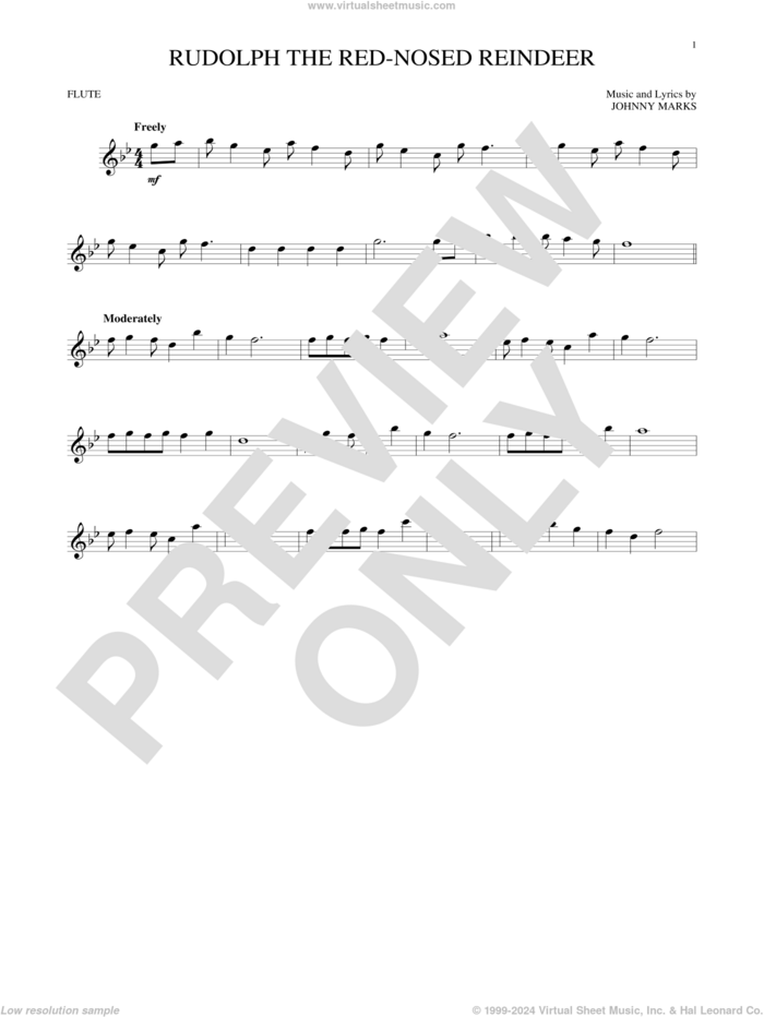 Rudolph The Red-Nosed Reindeer sheet music for flute solo by Johnny Marks and John Denver, intermediate skill level