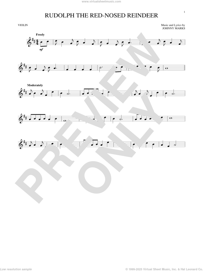 Rudolph The Red-Nosed Reindeer sheet music for violin solo by Johnny Marks and John Denver, intermediate skill level