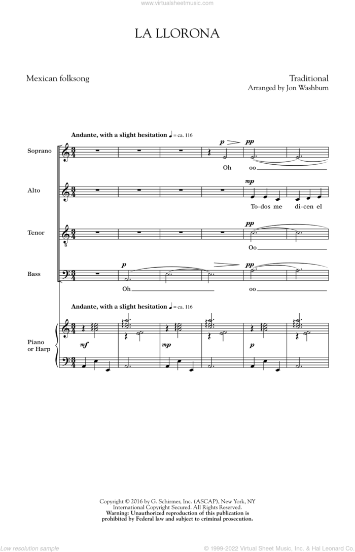 La Llorona sheet music for choir (SATB: soprano, alto, tenor, bass) by Jon Washburn and Traditional Mexican Folksong, intermediate skill level