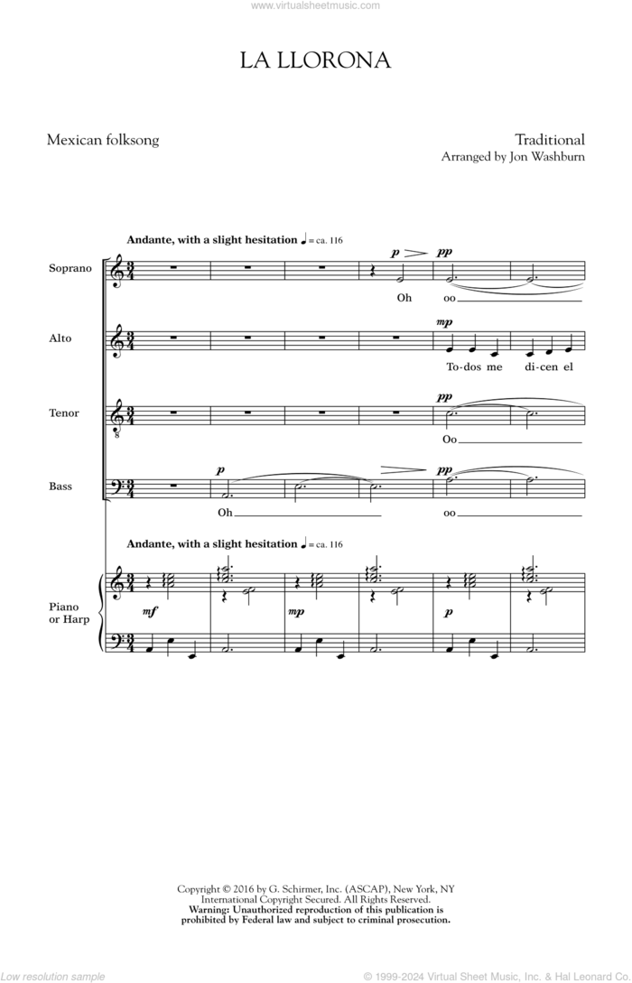 La Llorona sheet music for choir (SATB: soprano, alto, tenor, bass) by Jon Washburn and Traditional Mexican Folksong, intermediate skill level