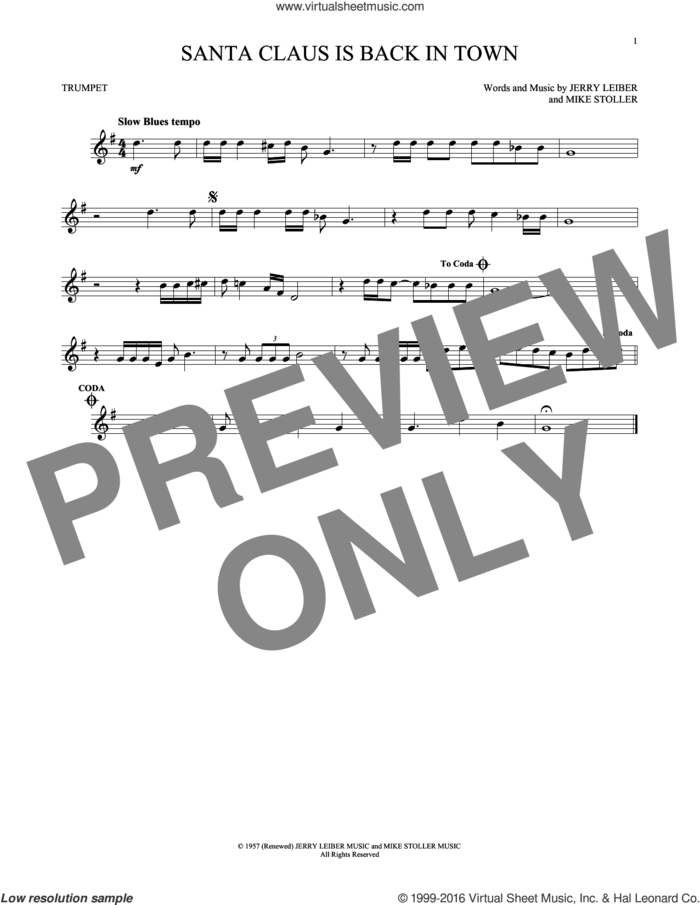 Santa Claus Is Back In Town sheet music for trumpet solo by Elvis Presley, Jerry Leiber and Mike Stoller, intermediate skill level