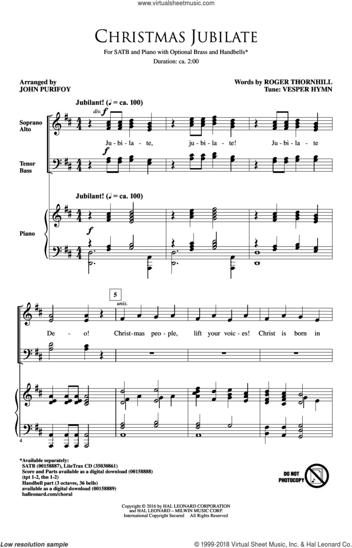 Christmas Jubilate sheet music for choir (SATB: soprano, alto, tenor, bass) by Roger Thornhill, John Purifoy, Tune: VESPER HYMN and Vesper Hymn, intermediate skill level