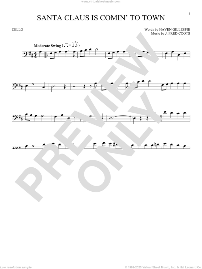 Santa Claus Is Comin' To Town sheet music for cello solo by J. Fred Coots and Haven Gillespie, intermediate skill level