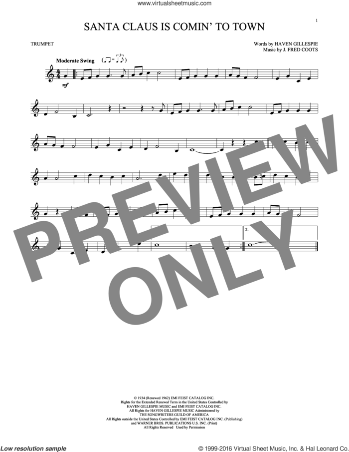 Santa Claus Is Comin' To Town sheet music for trumpet solo by J. Fred Coots and Haven Gillespie, intermediate skill level