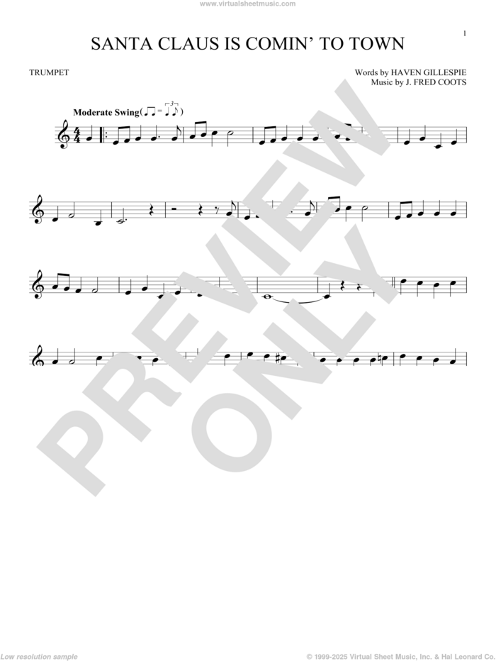 Santa Claus Is Comin' To Town sheet music for trumpet solo by J. Fred Coots and Haven Gillespie, intermediate skill level