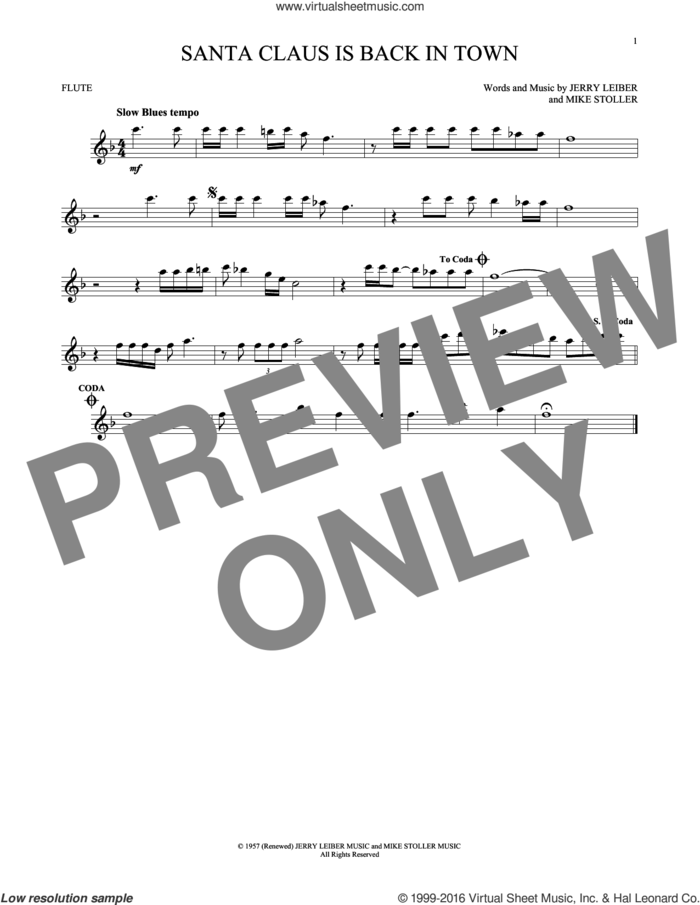 Santa Claus Is Back In Town sheet music for flute solo by Elvis Presley, Jerry Leiber and Mike Stoller, intermediate skill level