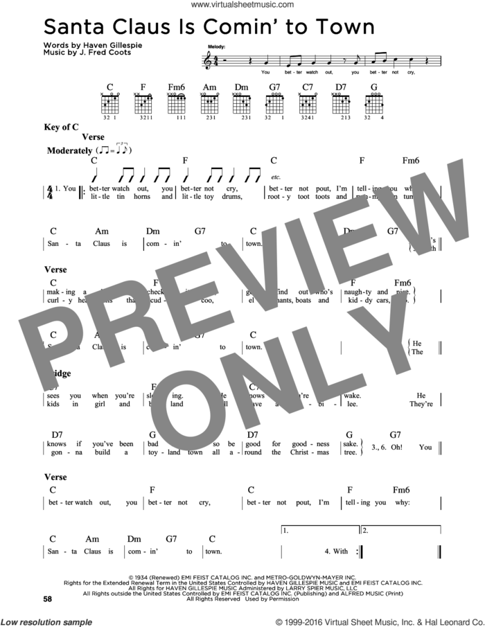 Santa Claus Is Comin' To Town sheet music for guitar solo (lead sheet) by J. Fred Coots and Haven Gillespie, intermediate guitar (lead sheet)