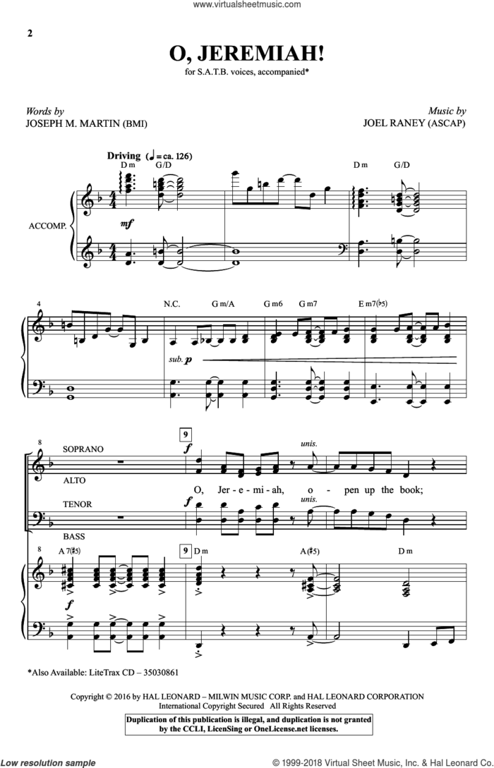 O, Jeremiah! sheet music for choir (SATB: soprano, alto, tenor, bass) by Joel Raney and Joseph M. Martin, intermediate skill level