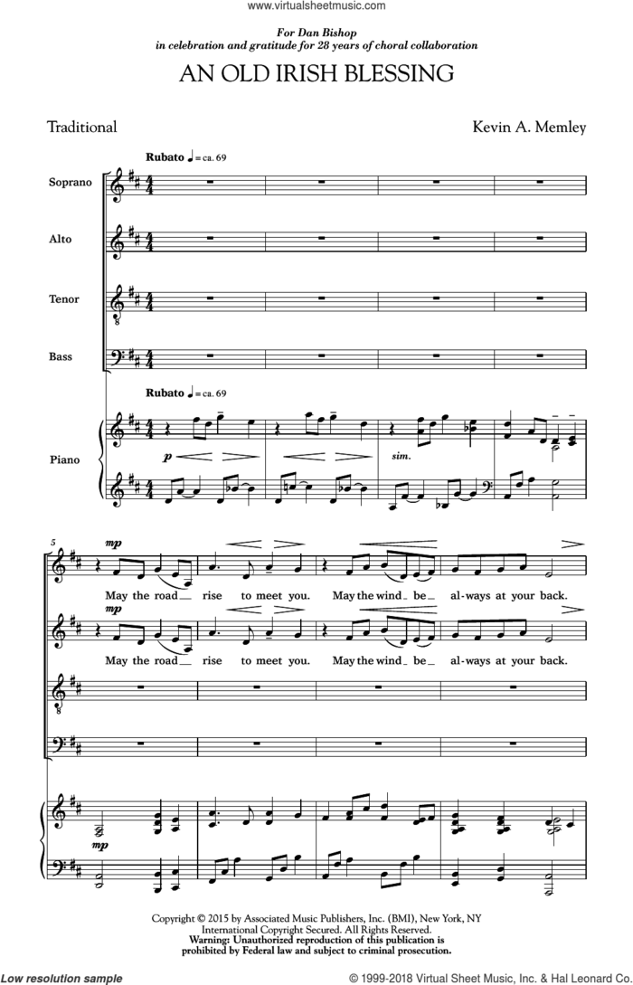 An Old Irish Blessing sheet music for choir (SATB: soprano, alto, tenor, bass) by Kevin Memley and Kevin A. Memley, intermediate skill level