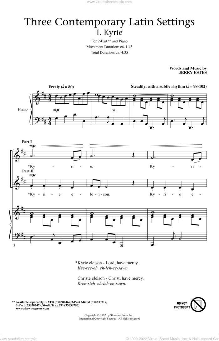 Three Contemporary Latin Settings sheet music for choir (2-Part) by Jerry Estes, intermediate duet
