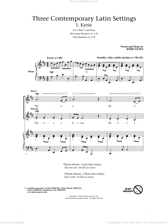 Three Contemporary Latin Settings sheet music for choir (2-Part) by Jerry Estes, intermediate duet