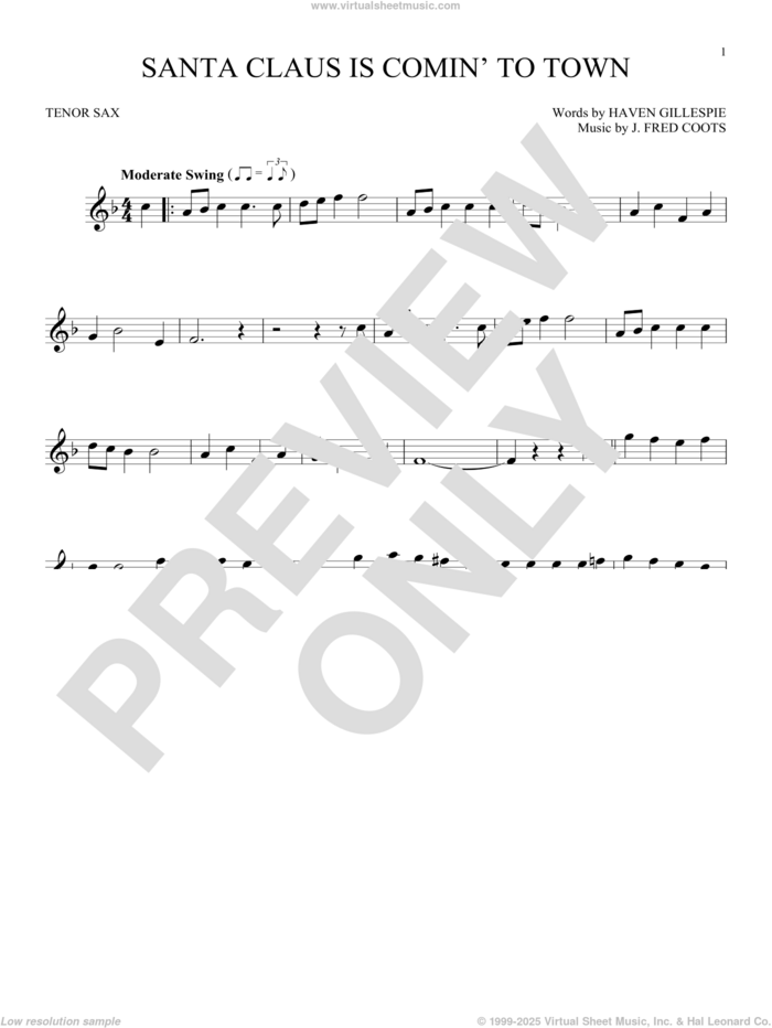 Santa Claus Is Comin' To Town sheet music for tenor saxophone solo by J. Fred Coots and Haven Gillespie, intermediate skill level