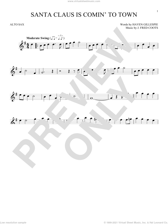 Santa Claus Is Comin' To Town sheet music for alto saxophone solo by J. Fred Coots and Haven Gillespie, intermediate skill level