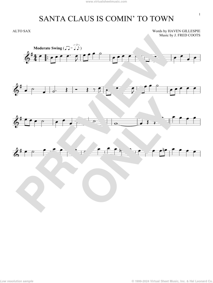 Santa Claus Is Comin' To Town sheet music for alto saxophone solo by J. Fred Coots and Haven Gillespie, intermediate skill level