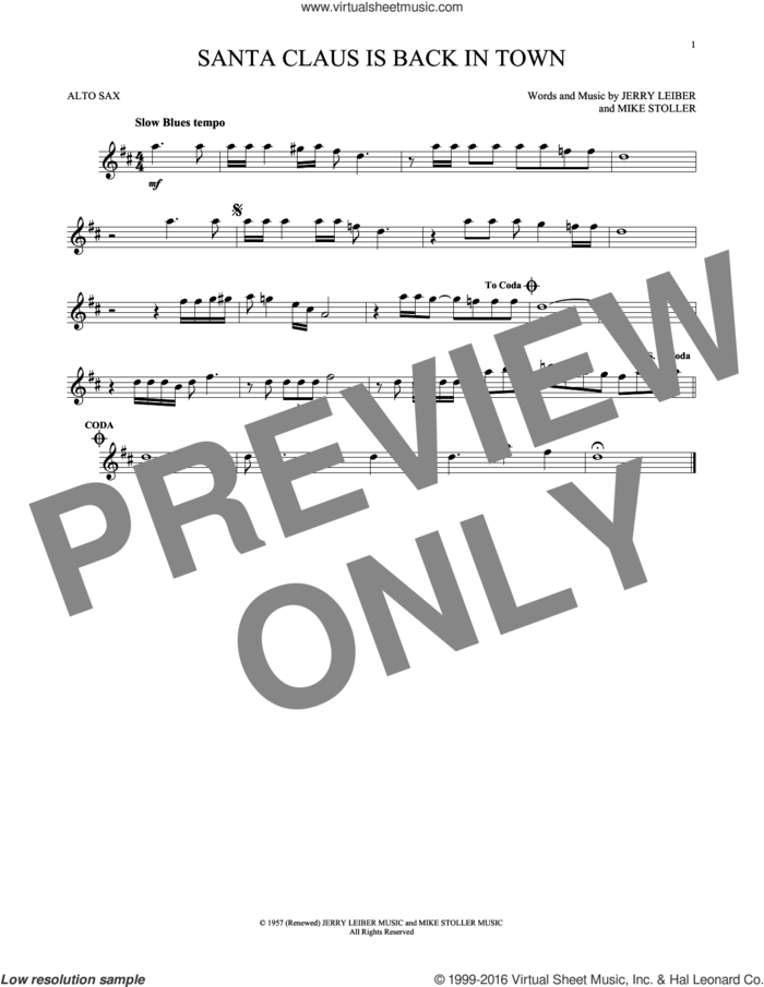 Santa Claus Is Back In Town sheet music for alto saxophone solo by Elvis Presley, Jerry Leiber and Mike Stoller, intermediate skill level