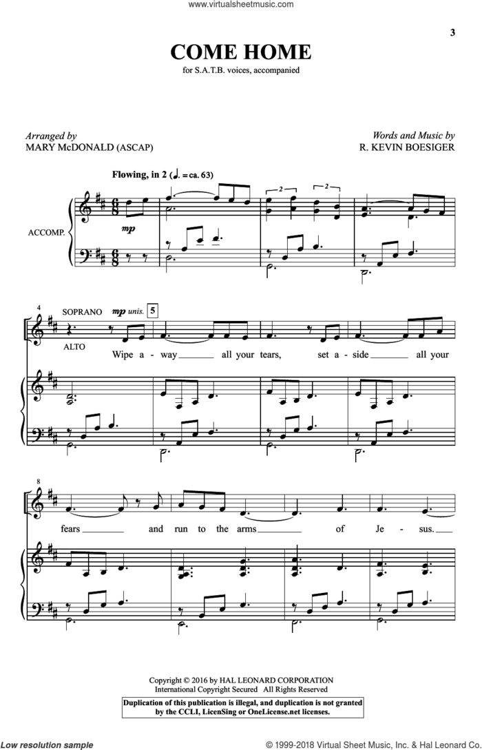 Come Home sheet music for choir (SATB: soprano, alto, tenor, bass) by R. Kevin Boesiger and Mary McDonald, intermediate skill level