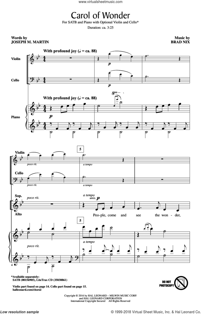 Carol Of Wonder sheet music for choir (SATB: soprano, alto, tenor, bass) by Joseph M. Martin and Brad Nix, intermediate skill level