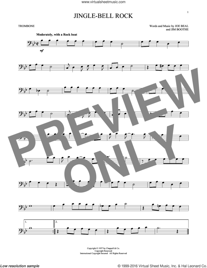Jingle Bell Rock sheet music for trombone solo by Bobby Helms, Aaron Tippin, Jim Boothe and Joe Beal, intermediate skill level