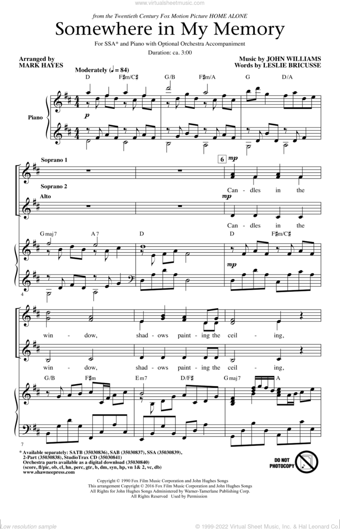 Somewhere In My Memory (arr. Mark Hayes) sheet music for choir (SSA: soprano, alto) by John Williams, Mark Hayes and Leslie Bricusse, intermediate skill level