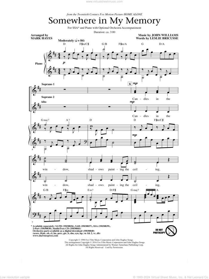 Somewhere In My Memory (arr. Mark Hayes) sheet music for choir (SSA: soprano, alto) by John Williams, Mark Hayes and Leslie Bricusse, intermediate skill level