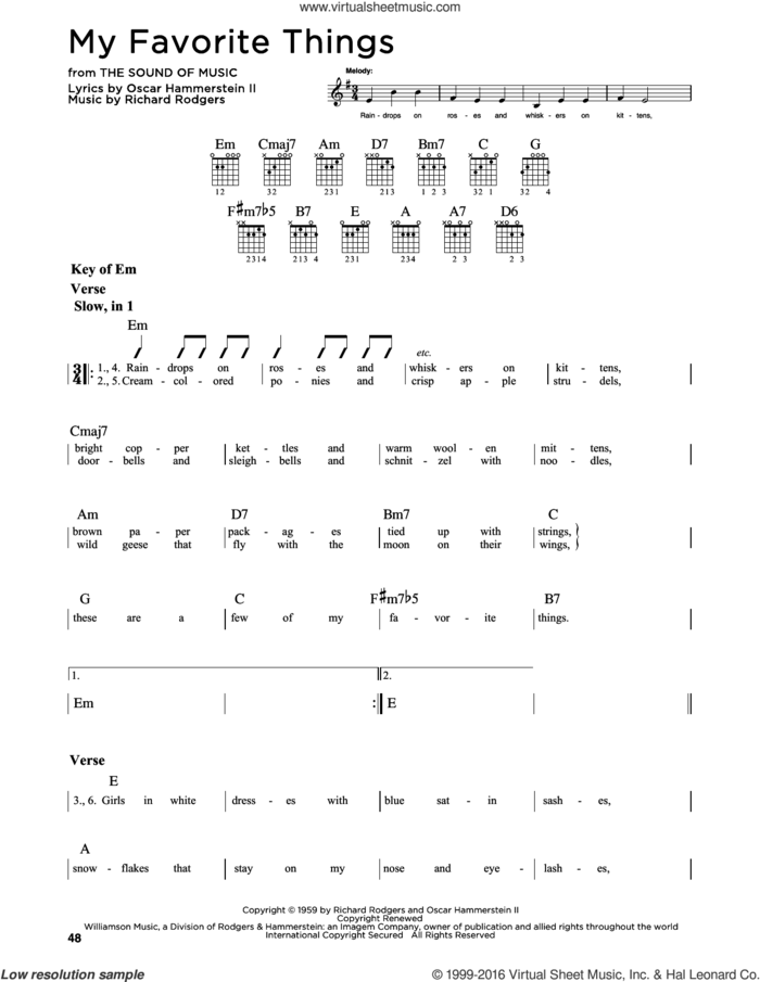 My Favorite Things sheet music for guitar solo (lead sheet) by Rodgers & Hammerstein, Chicago, Lorrie Morgan, Oscar II Hammerstein and Richard Rodgers, intermediate guitar (lead sheet)