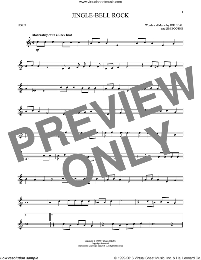 Jingle Bell Rock sheet music for horn solo by Bobby Helms, Aaron Tippin, Jim Boothe and Joe Beal, intermediate skill level