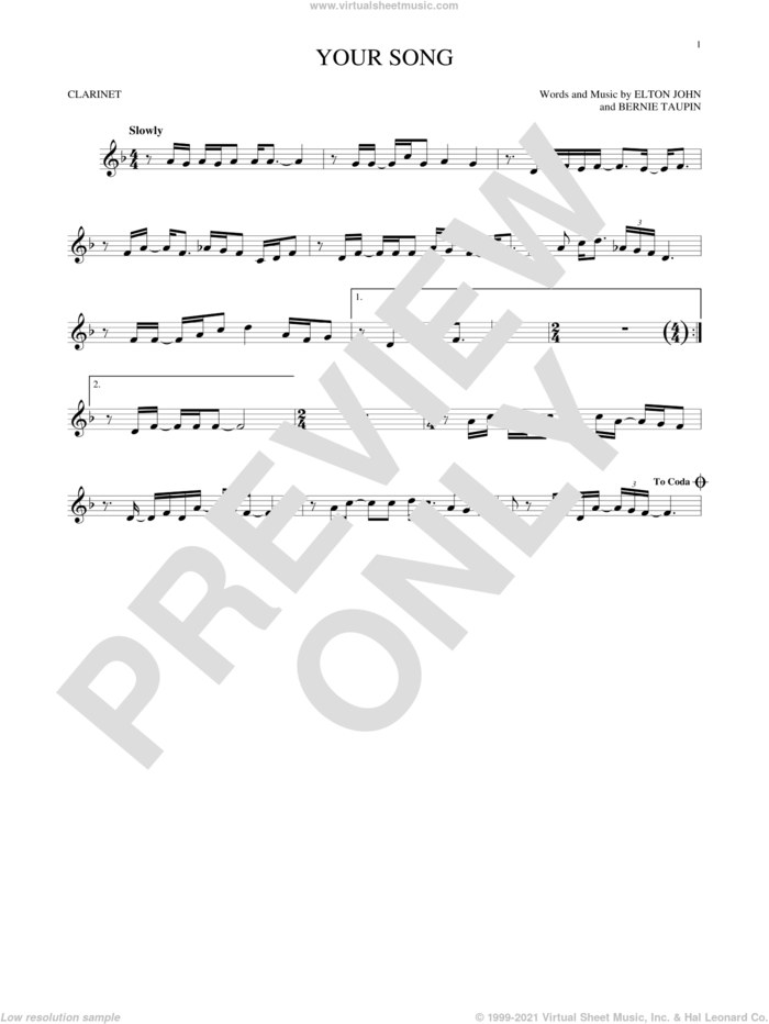 Your Song sheet music for clarinet solo by Elton John, Rod Stewart and Bernie Taupin, intermediate skill level