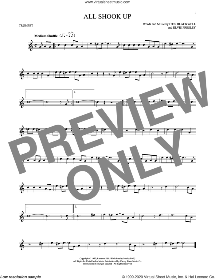 All Shook Up sheet music for trumpet solo by Elvis Presley, Suzi Quatro and Otis Blackwell, intermediate skill level