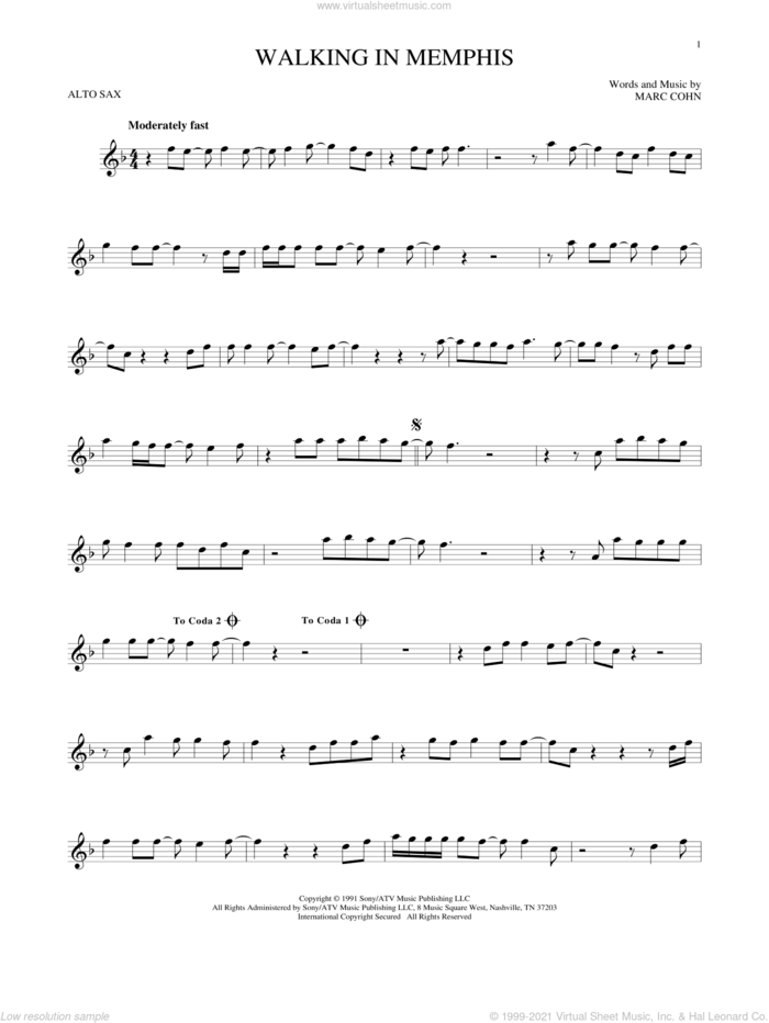 Walking In Memphis sheet music for alto saxophone solo by Marc Cohn and Lonestar, intermediate skill level