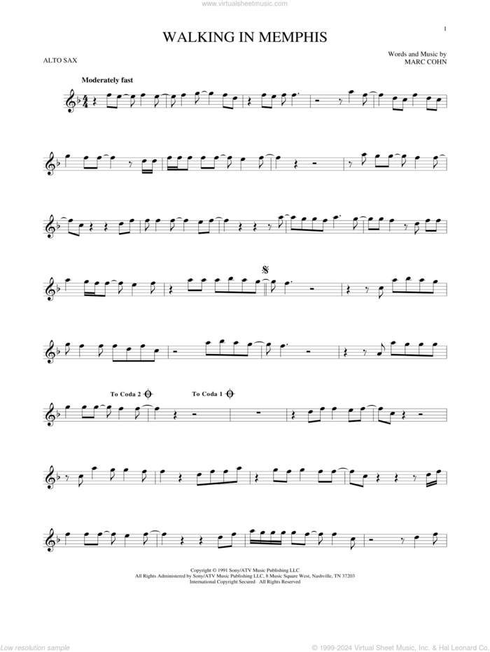 Walking In Memphis sheet music for alto saxophone solo by Marc Cohn and Lonestar, intermediate skill level