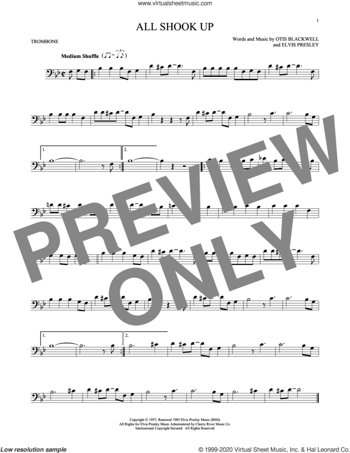 All Shook Up sheet music for trombone solo by Elvis Presley, Suzi Quatro and Otis Blackwell, intermediate skill level