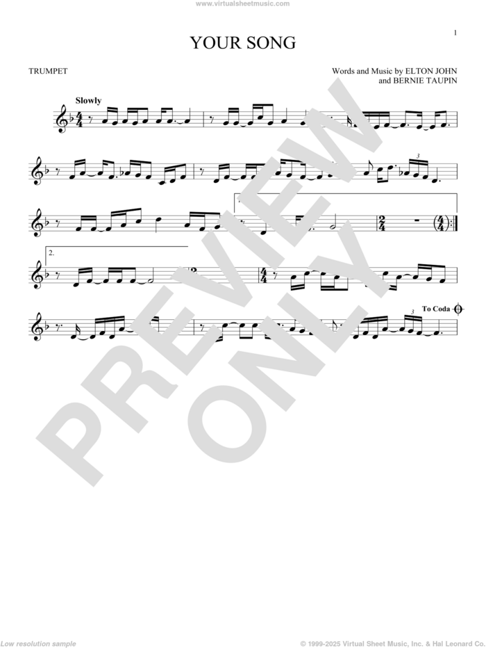 Your Song sheet music for trumpet solo by Elton John, Rod Stewart and Bernie Taupin, intermediate skill level