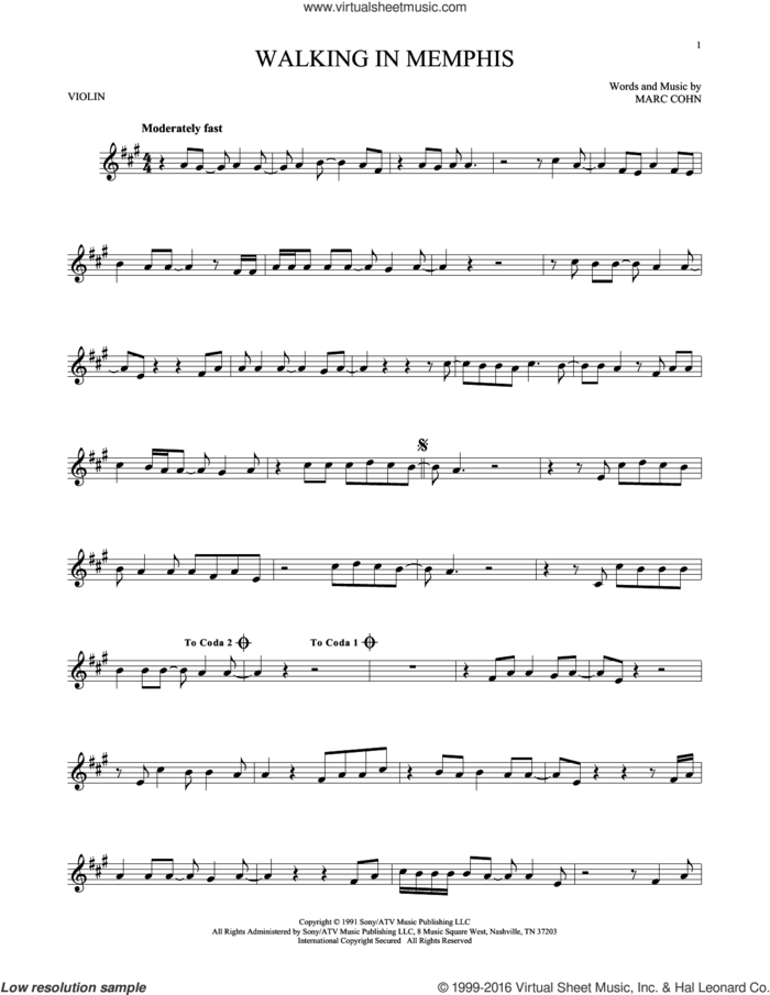 Walking In Memphis sheet music for violin solo by Marc Cohn and Lonestar, intermediate skill level