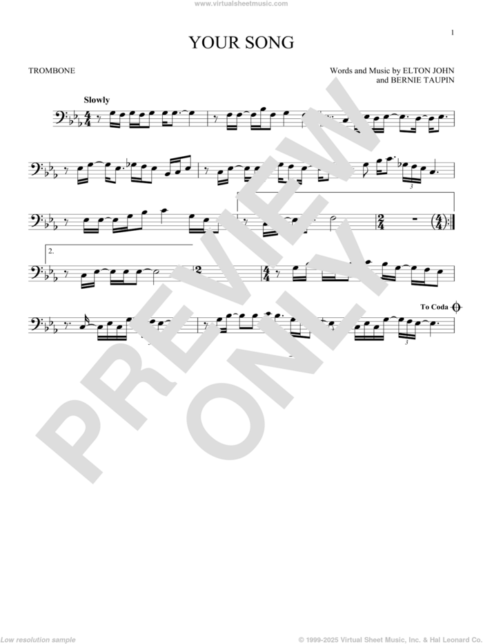 Your Song sheet music for trombone solo by Elton John, Rod Stewart and Bernie Taupin, intermediate skill level